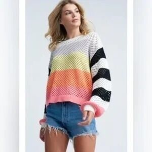 Lisa Todd Sweater Colorblock Open Stitch Stripe Knit Oversized XS